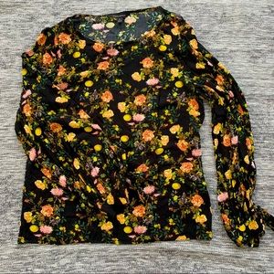 Banana Republic Black Floral Tie Cuff Boatneck Blouse